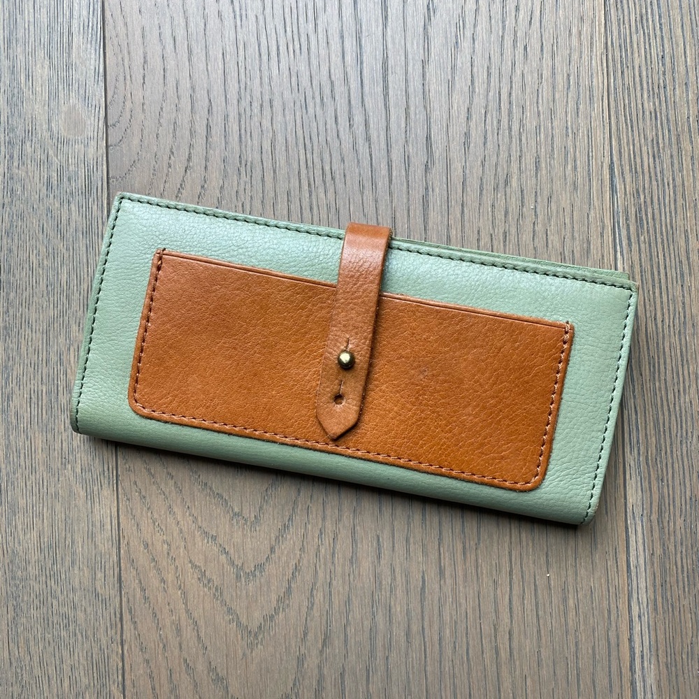Madewell The Post Wallet in Mint and Tan Leather